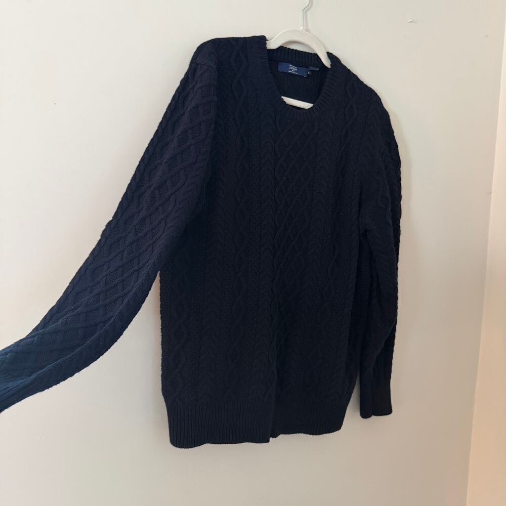 J Crew 100% Cotton Cable Knit Fisherman Style Navy Blue Crewneck Sweater Sz Lg - Picture 2 of 9